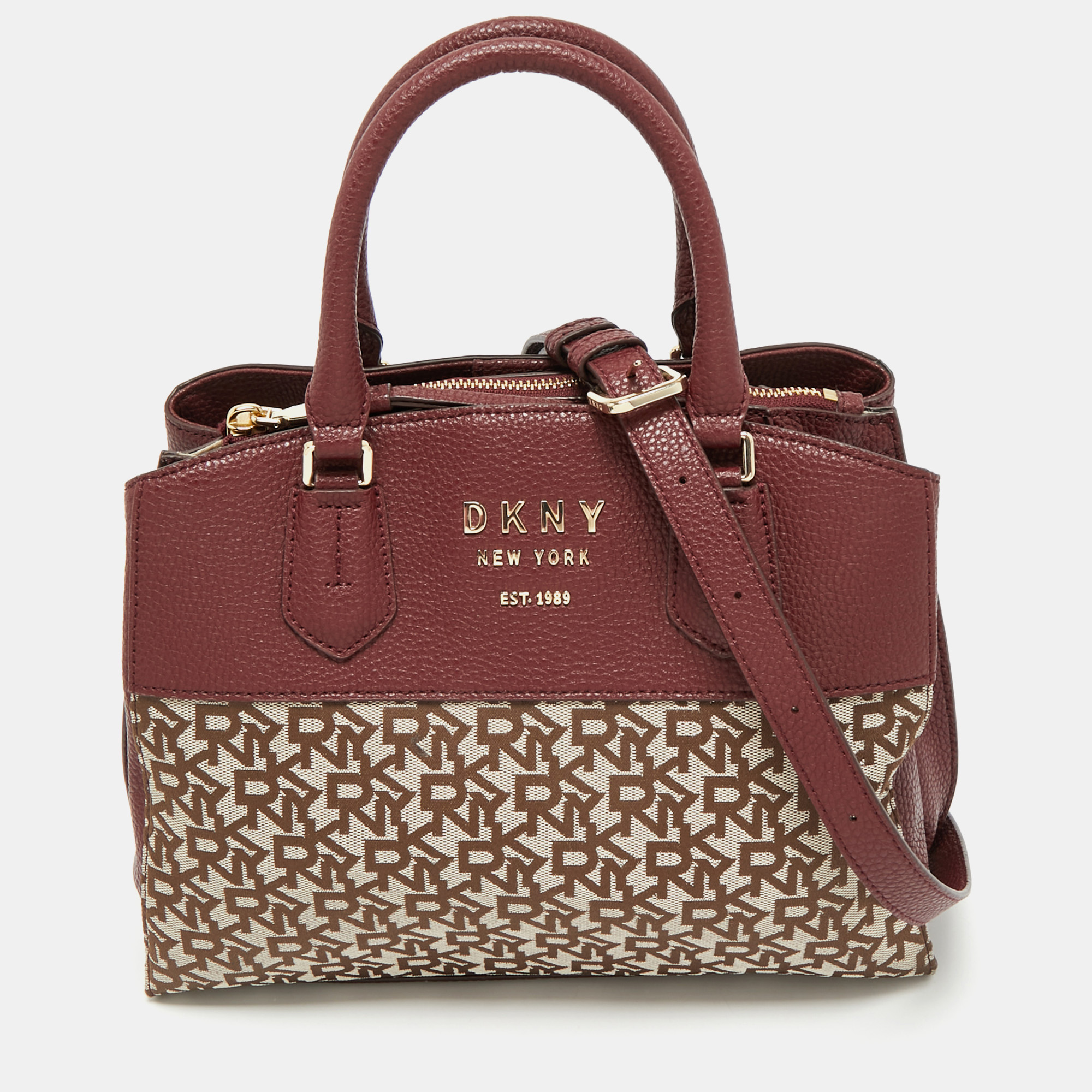 DKNY Burgundy/Beige Signature Canvas and Leather Triple Compartment Satchel