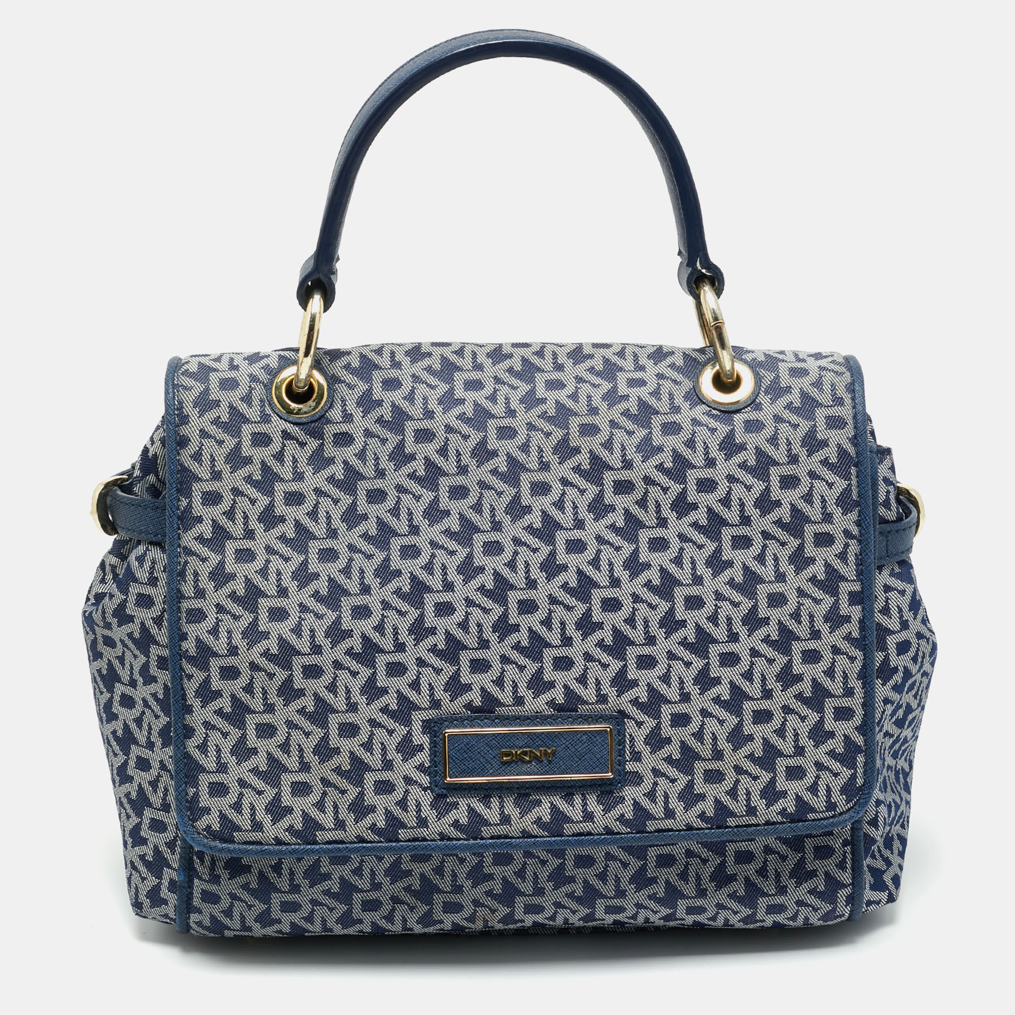 Pre-owned Dkny Blue Signature Canvas And Leather Trim Flap Top Handle Bag