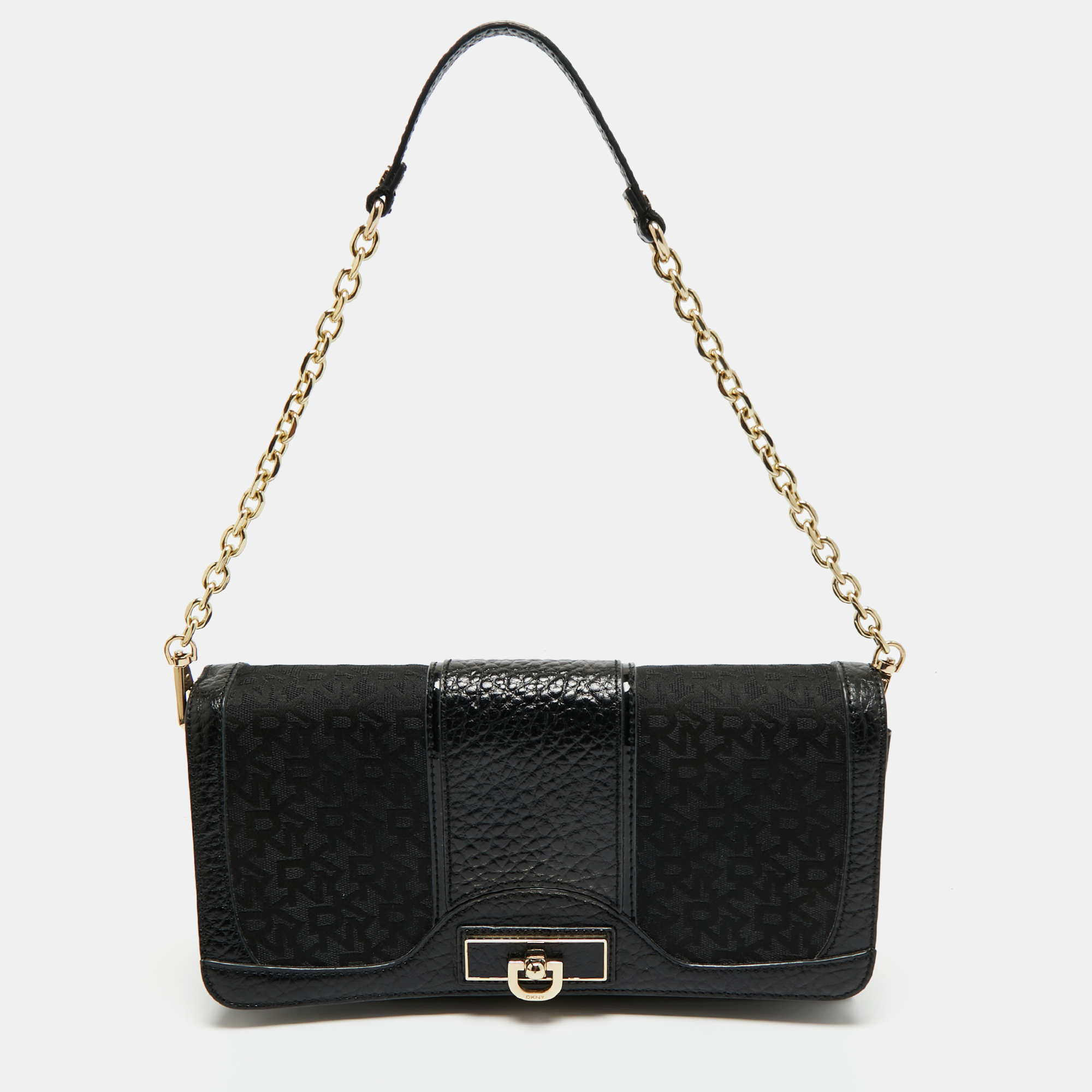 Pre-owned Dkny Black Signature Fabric And Leather Flap Chain Shoulder Bag