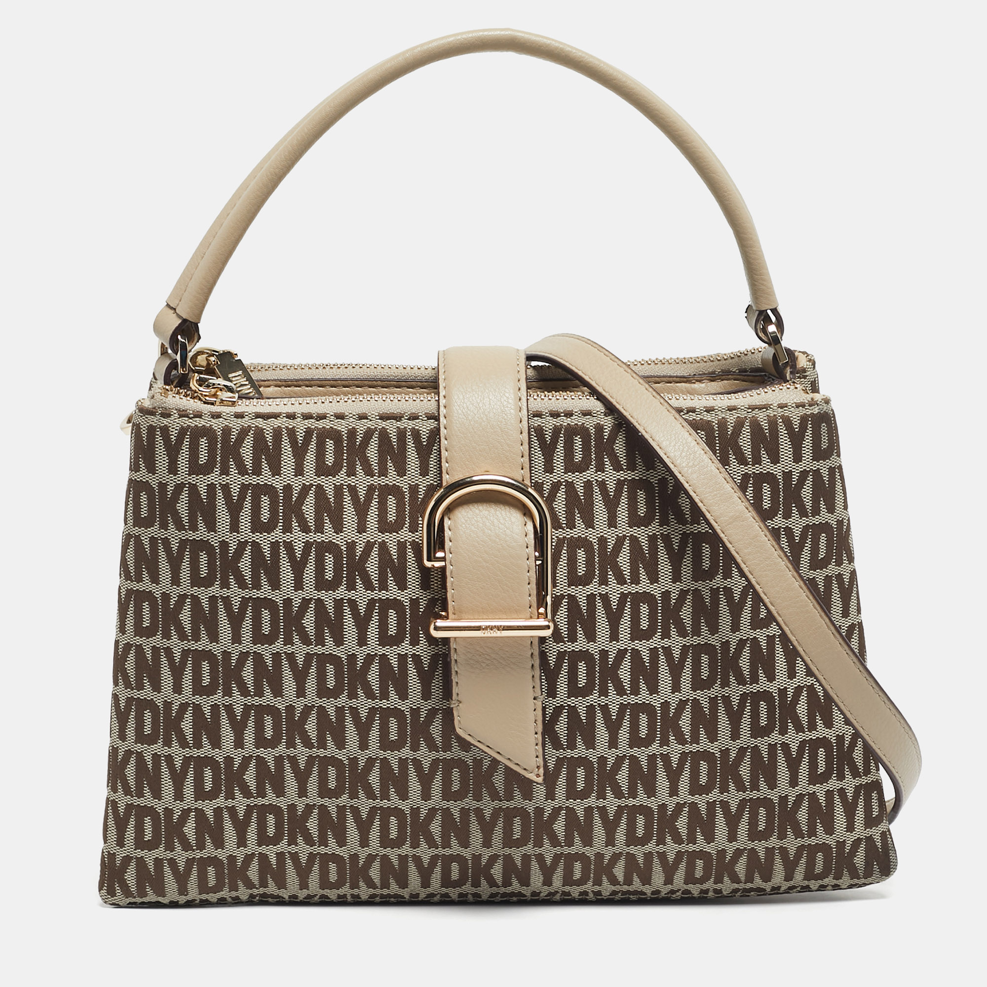 Pre-owned Dkny Beige Signature Canvas And Leather Deena Top Handle Bag In Sand