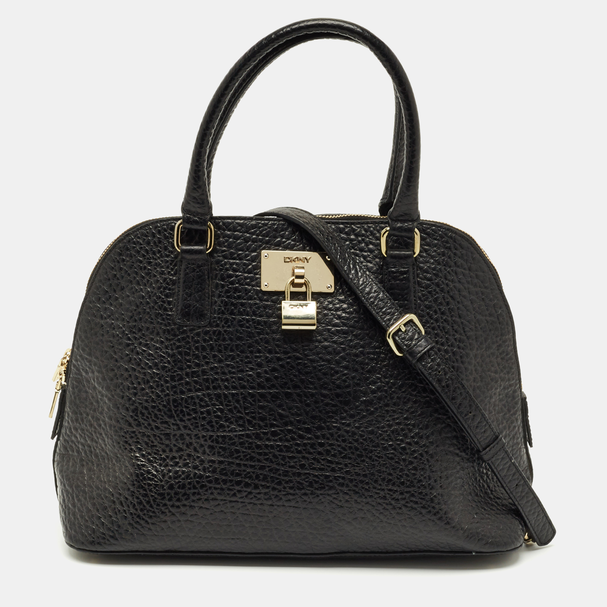 

DKNY Black Pebbled Leather Padlock Dome Satchel