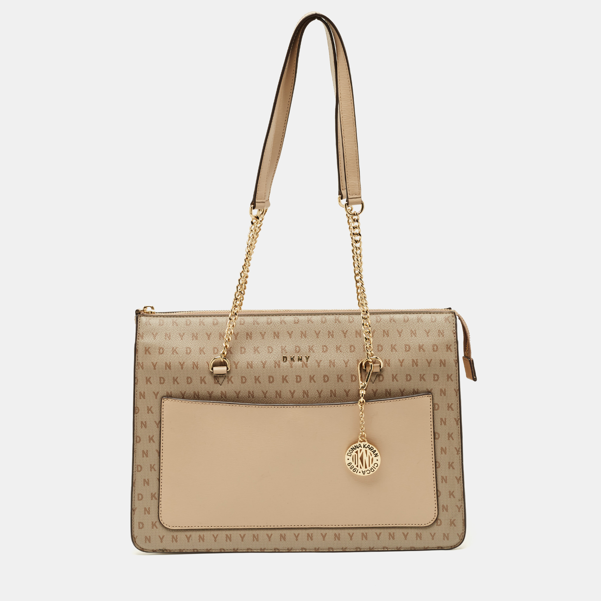 Pre-owned Dkny Beige Monogram Coated And Leather Large Bryant Chain Zip Tote In Sand