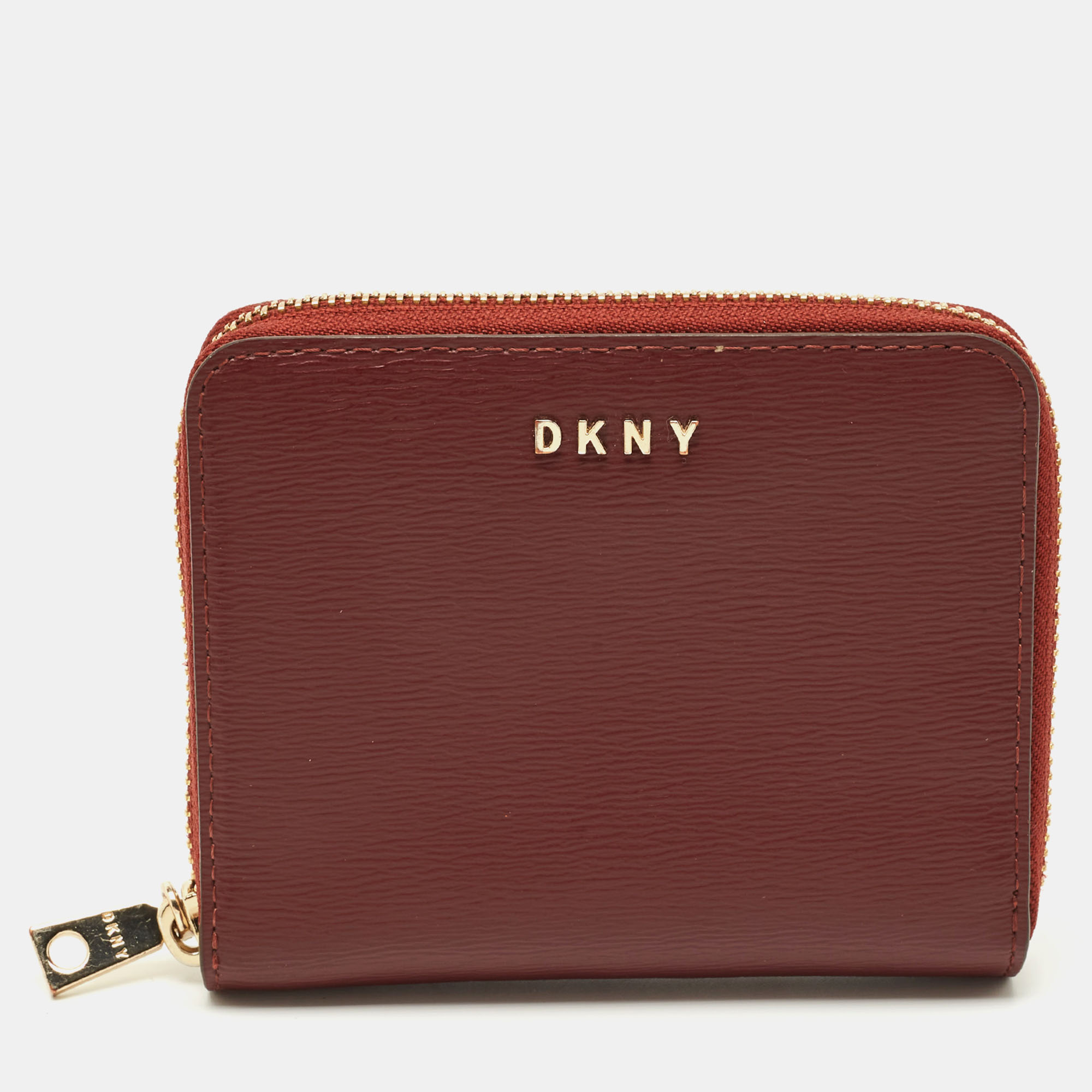 Pre-owned Dkny Burgundy Leather Bryant Zip Around Compact Wallet