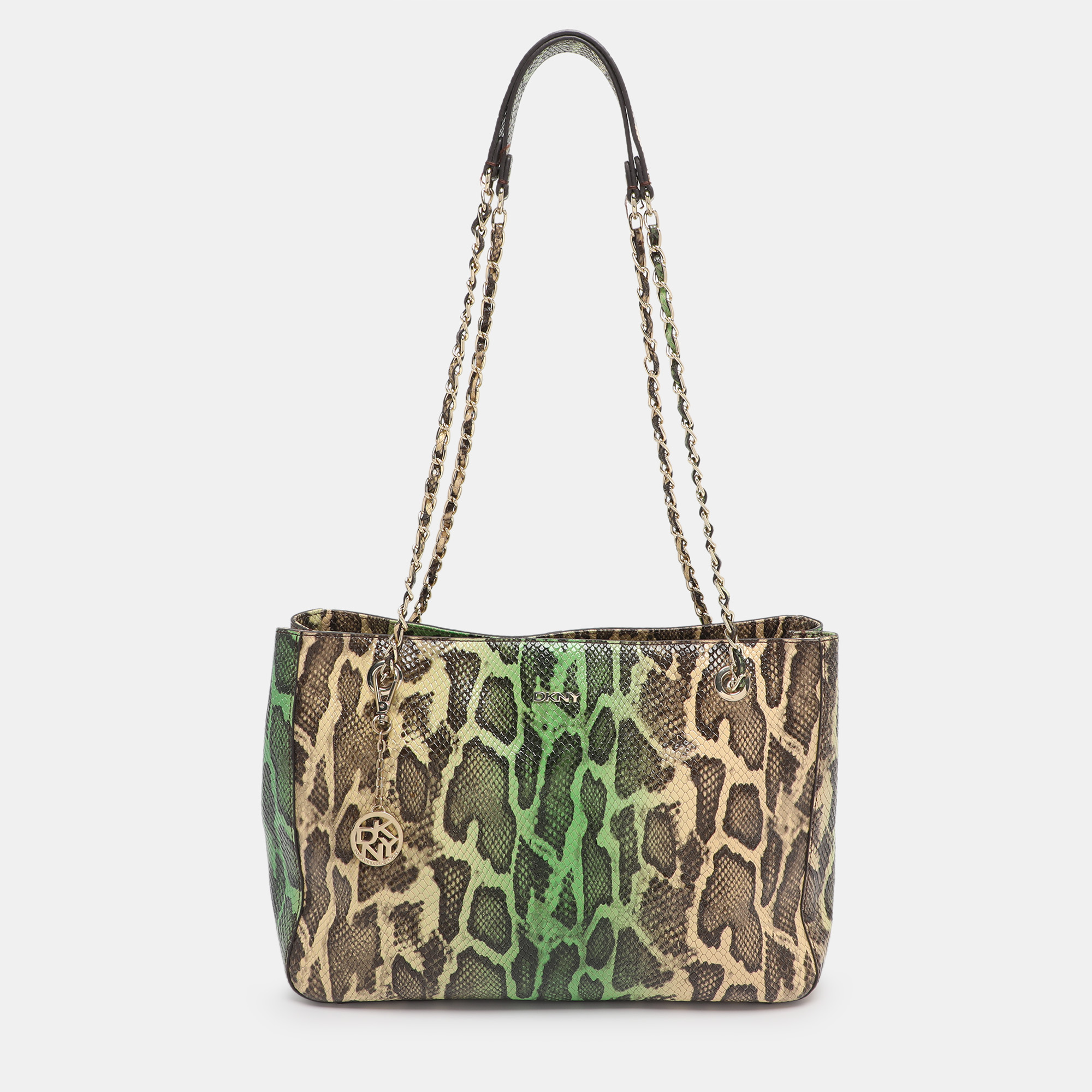 Pre-owned Dkny Green/beige Python Embossed Leather Chain Tote