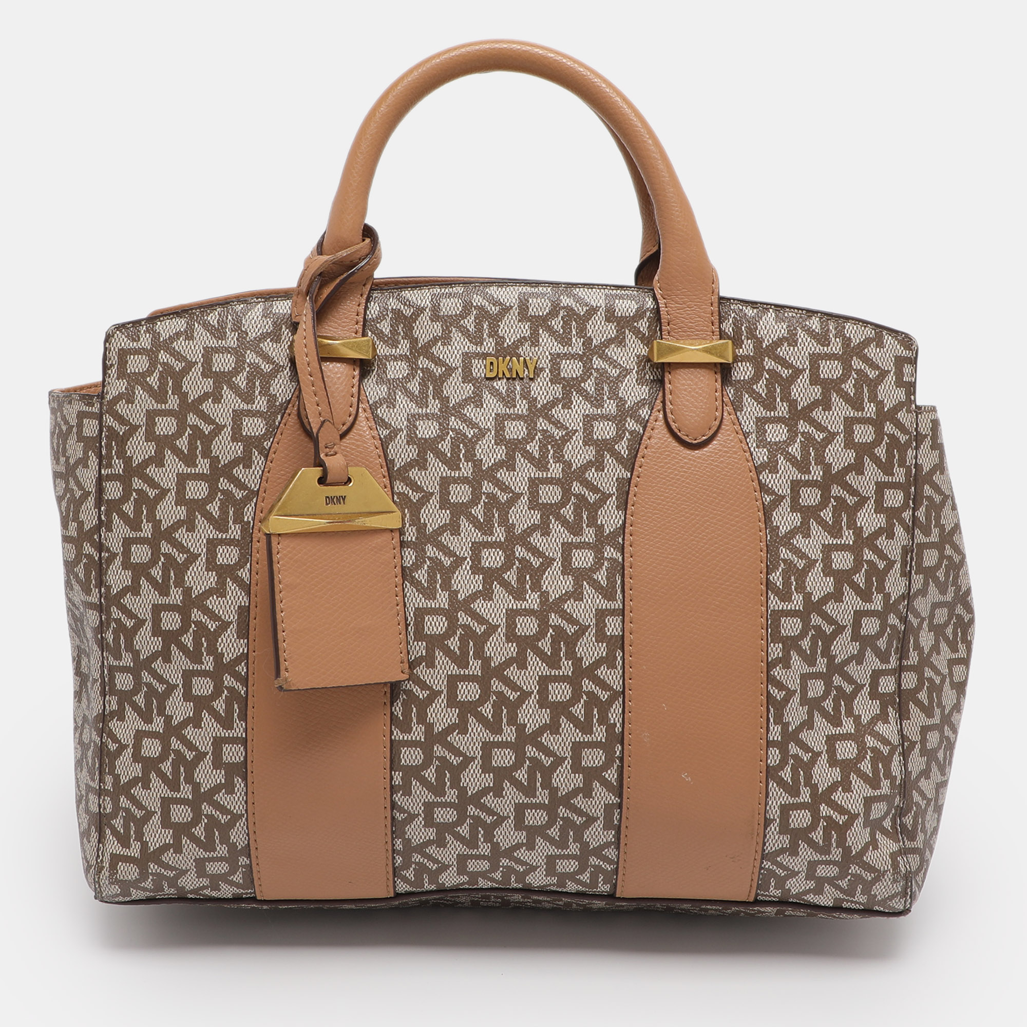 Pre-owned Dkny Beige Coated Canvas And Leather Satchel In Sand
