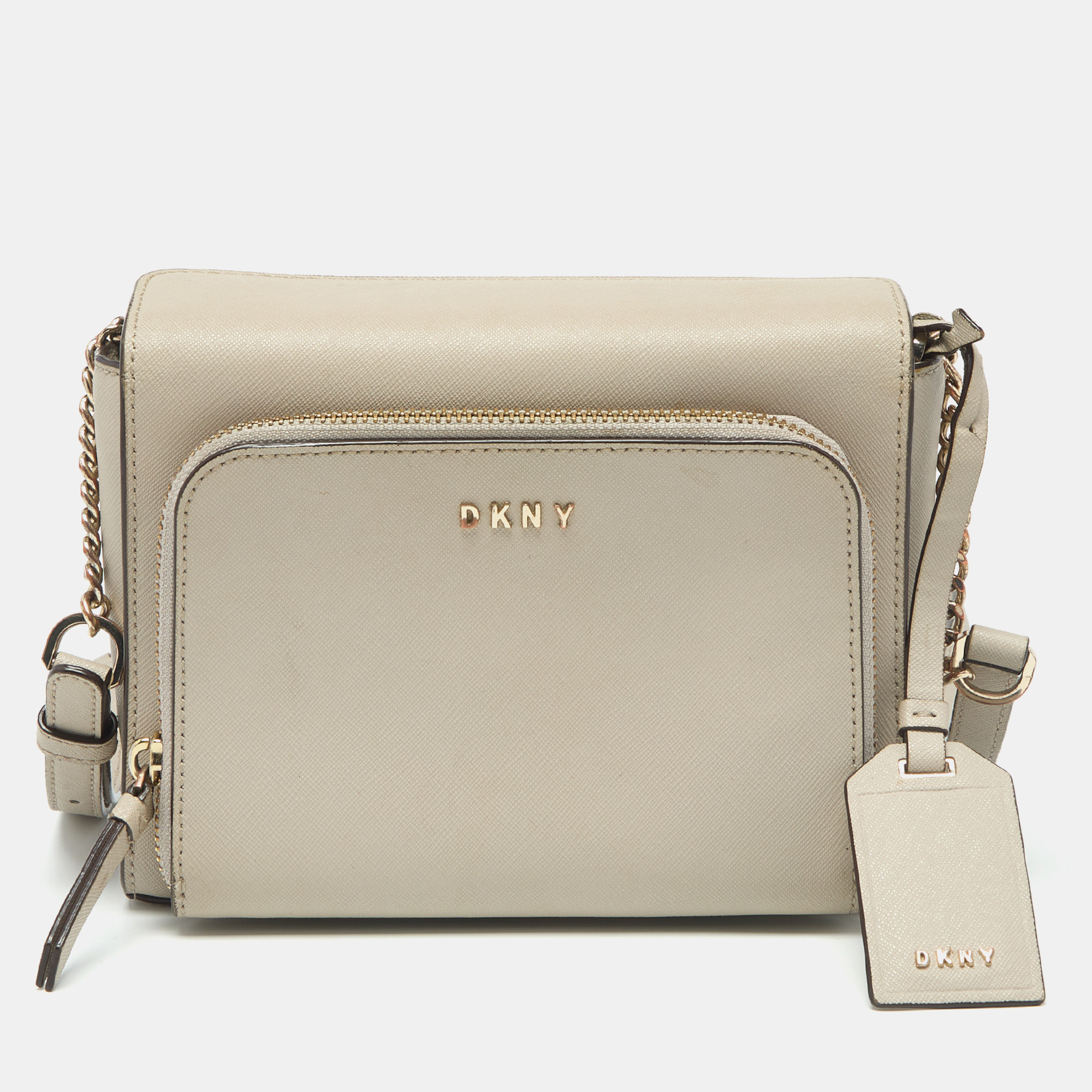 Pre-owned Dkny Light Grey Leather Bryant Park Pocket Crossbody Bag In Gray