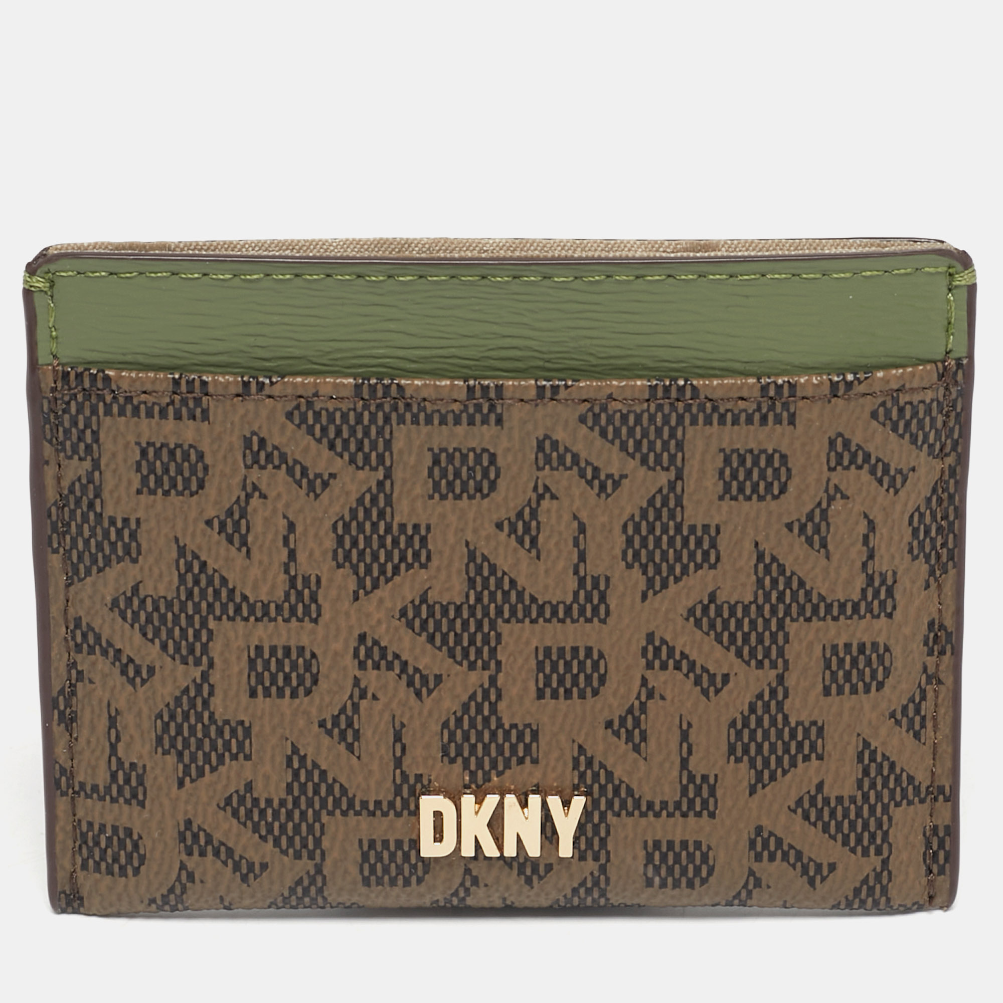 Pre-owned Dkny Brown/green Monogram Coated Canvas And Leather Logo Card Holder