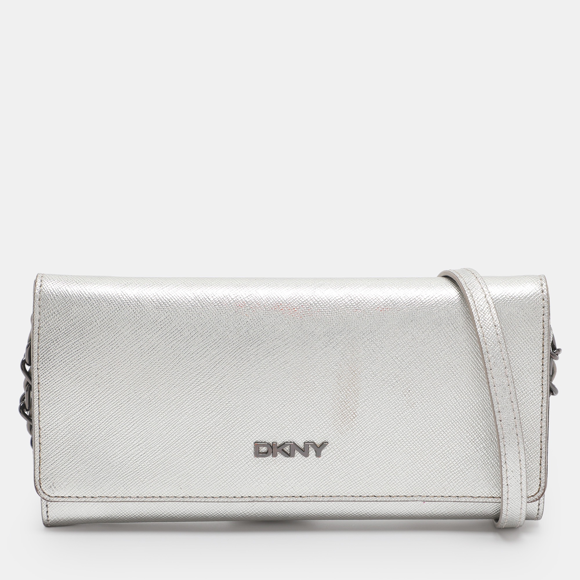 Click to view more detailed imagery on our partner's website Pre-owned Dkny Flap Silver Leather Wallet On Chain