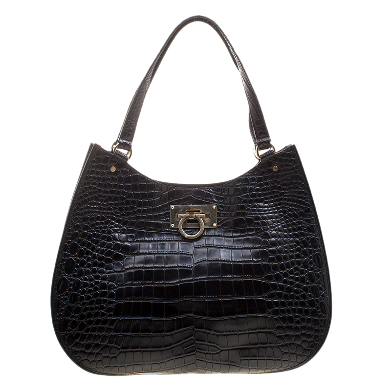 Pre Owned DKNY Black Croc Embossed Leather Hobo