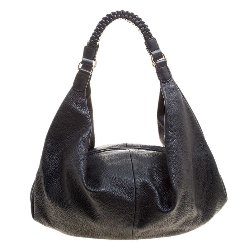 Pre Owned DKNY Black Leather Braided Handle Hobo