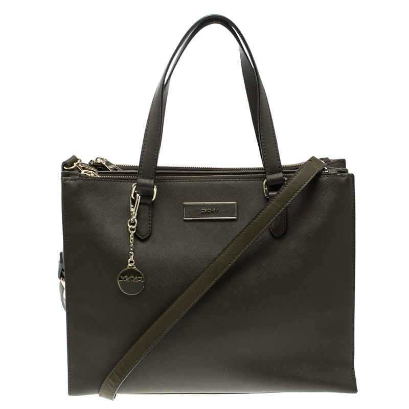 Pre Owned DKNY Khaki Leather Double Zip Convertible Tote
