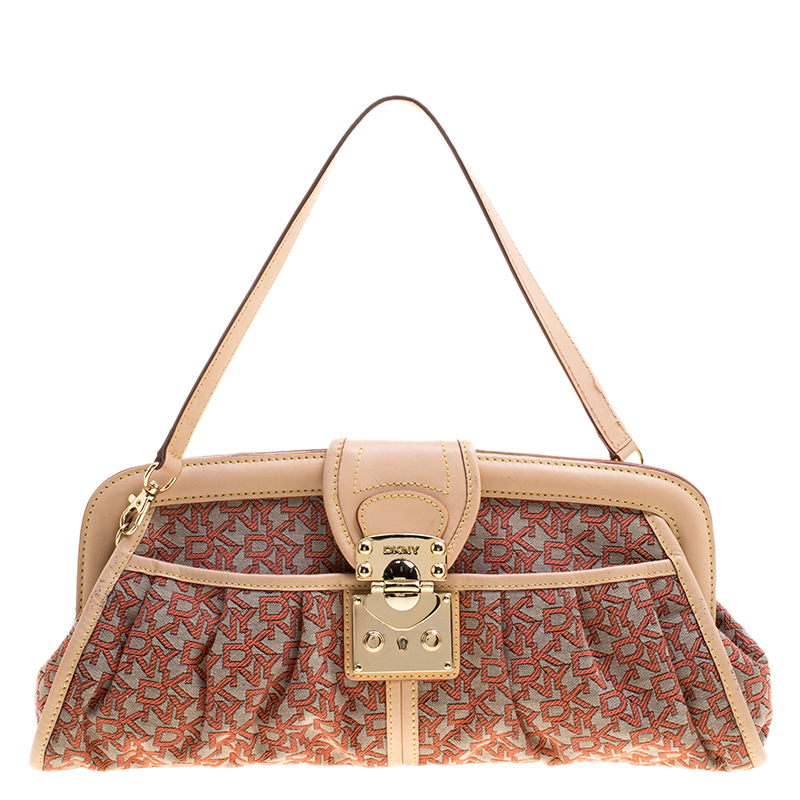 Pre Owned DKNY Red/Grey Monogram Canvas and Leather Trim Shoulder Bag