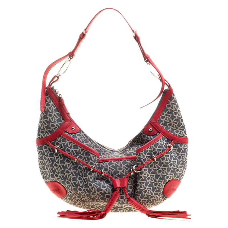 Pre Owned Dkny Red/Grey Monogram Canvas Tassel Hobo