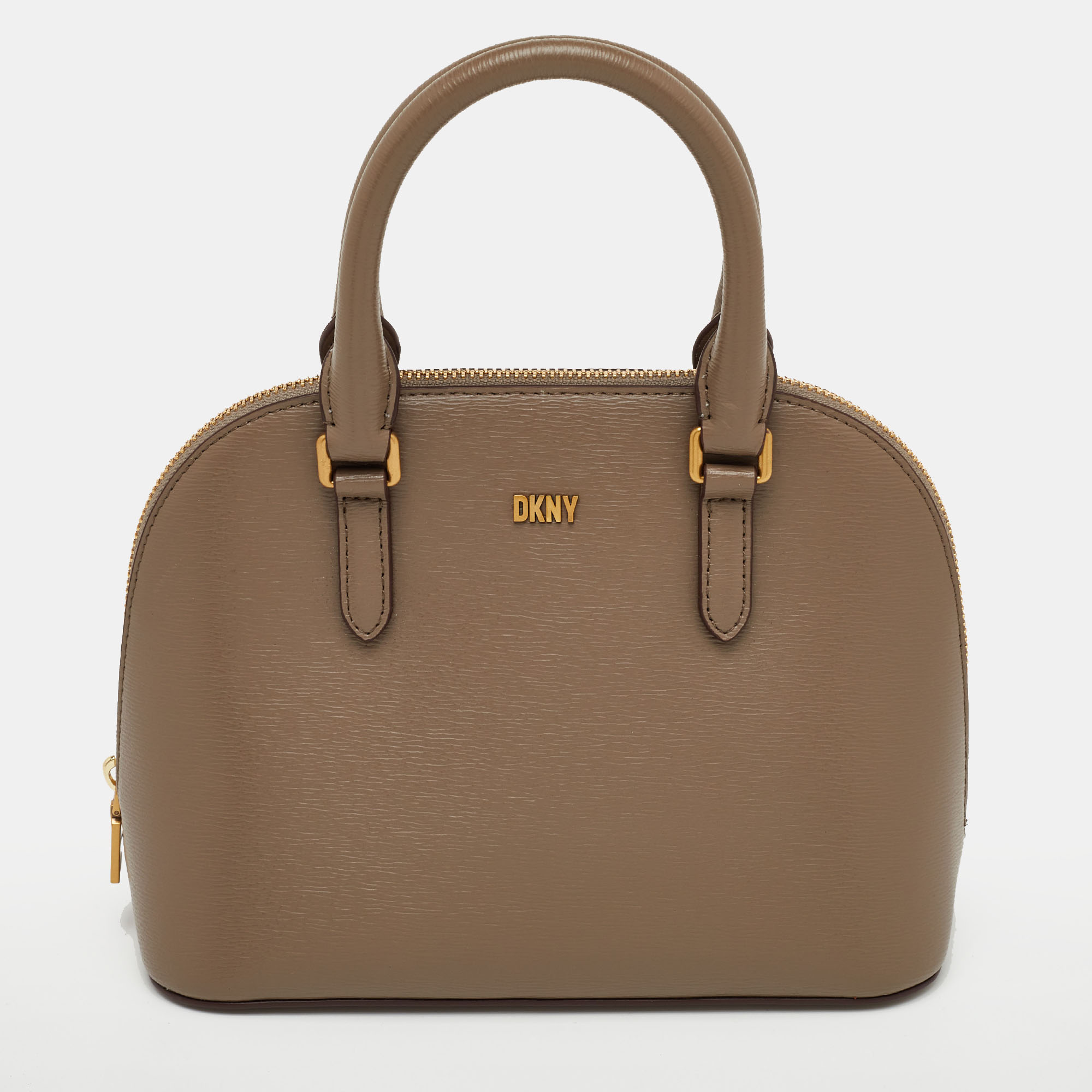 

DKNY Taupe Brown Leather Top Zip Dome Satchel