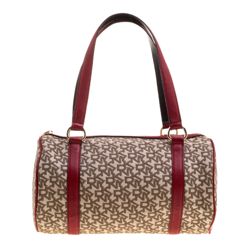 DKNY Beige/Red Canvas and Leather Satchel