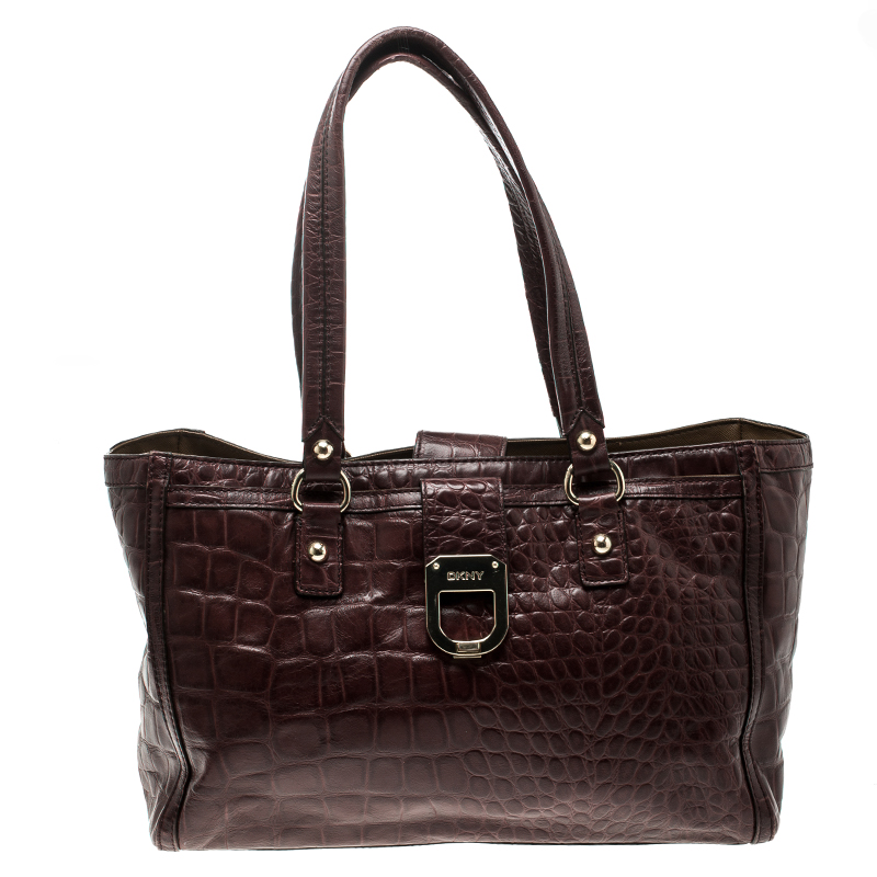 Pre Owned DKNY Dark Red Crocodile Embossed Leather Tote