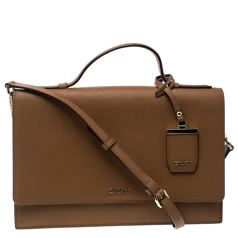 Pre Owned DKNY Light Brown Saffiano Leather Top Handle Flap Shoulder Bag