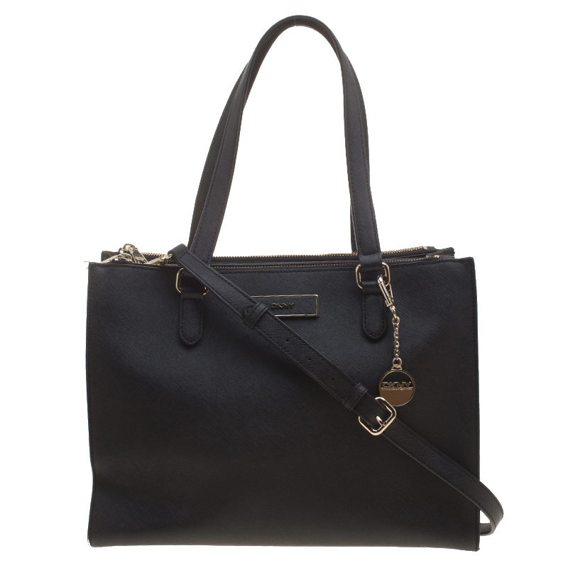 Pre Owned DKNY Black Leather Double Zip Convertible Tote