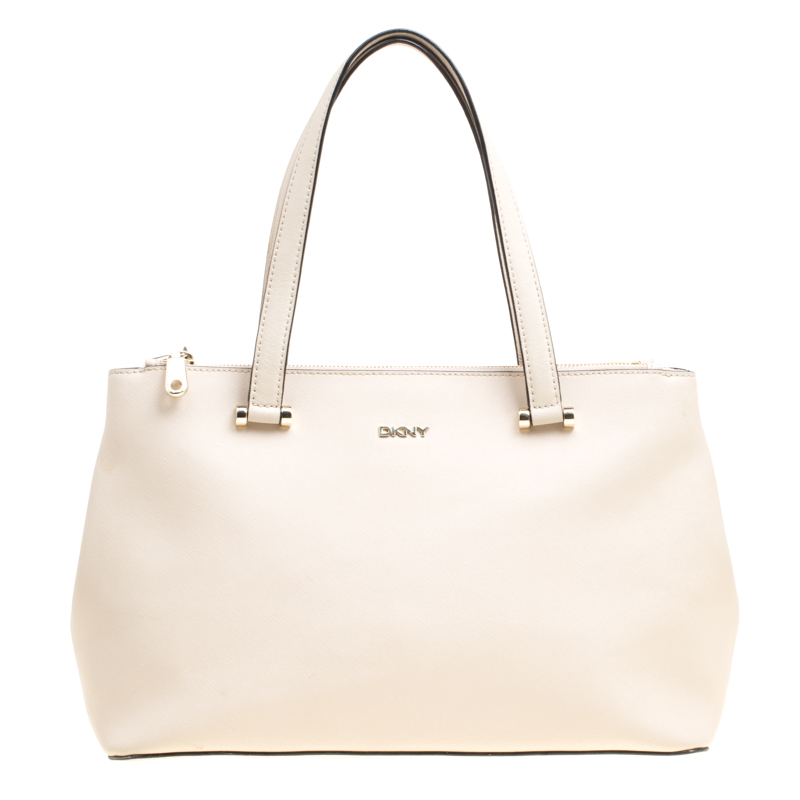 Pre Owned DKNY Light Beige Leather Medium Bryant Park Double Zip Shopper Top Handle Bag