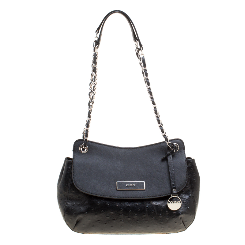 Pre Owned DKNY Black Ostrich Embossed Leather Shoulder Bag