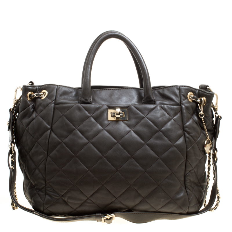 Pre Owned DKNY Military Green Quilted Leather Tote