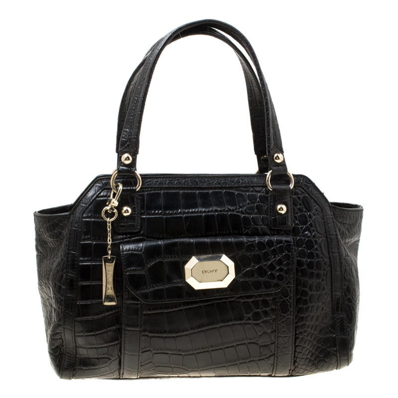 Pre Owned DKNY Black Crocodile Embossed Leather Satchel