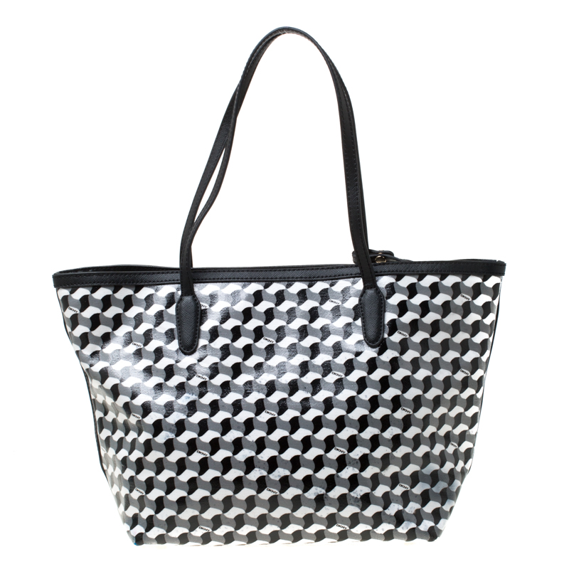 DKNY Black/White Coated Canvas and Leather Geometric Printed Tote