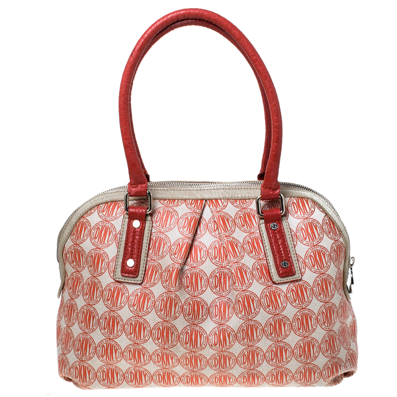 

DKNY Red/White Signature PVC and Leather Dome Satchel