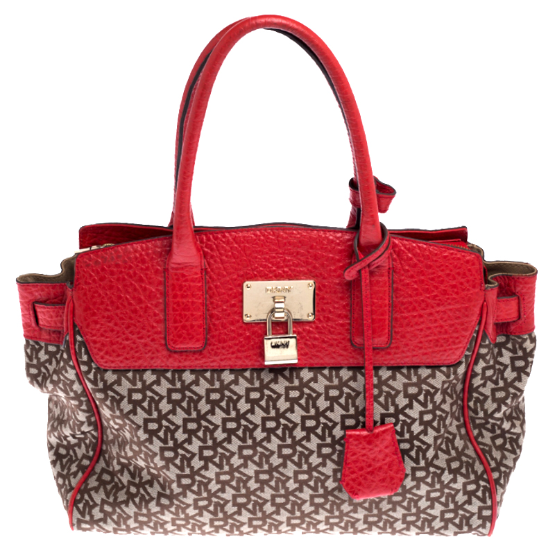 Pre Owned DKNY Beige/Red Signature Canvas and Leather Satchel