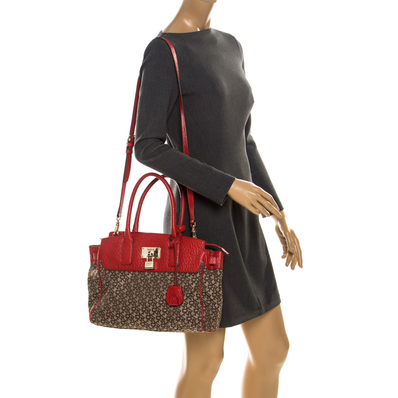 

DKNY Beige/Red Signature Canvas and Leather Satchel