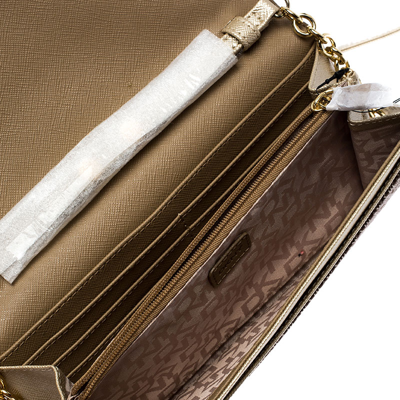 

DKNY Brown/Gold Signature Canvas and Leather Flap Chain Clutch