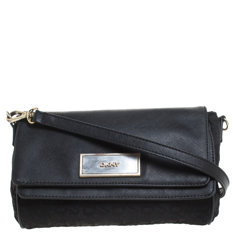 Pre Owned DKNY Black Canvas and Leather Flap Crossbody Bag