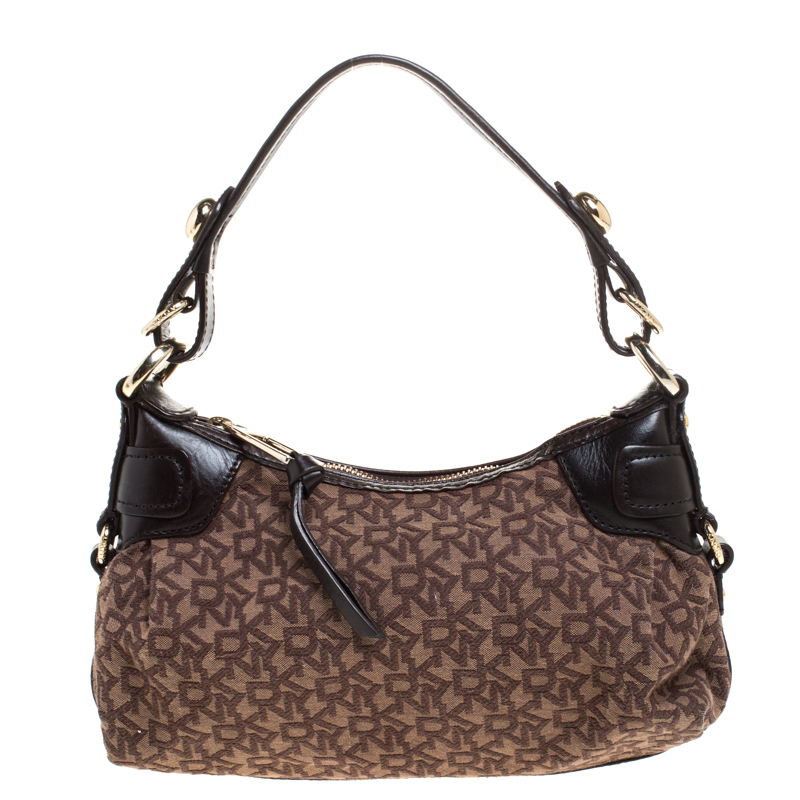 Pre Owned DKNY Brown Signature Fabric and Leather Hobo