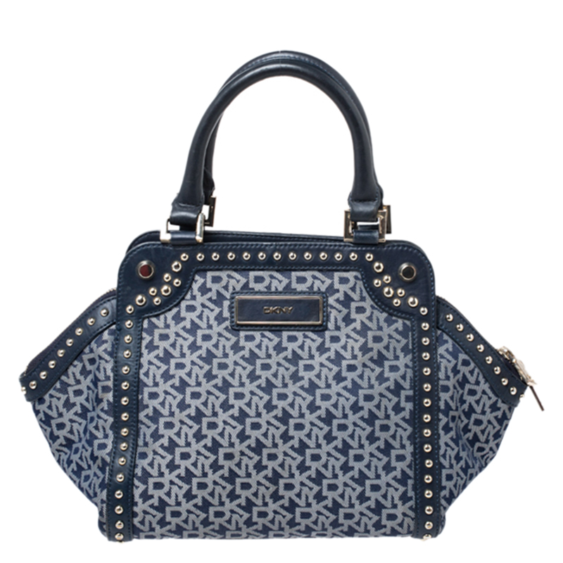 Pre Owned Dkny Blue Signature Canvas with Leather Trim Studded Satchel