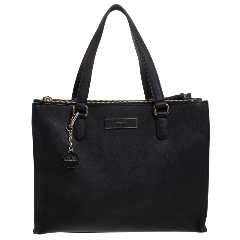 Pre Owned DKNY Black Leather Double Zip Convertible Tote