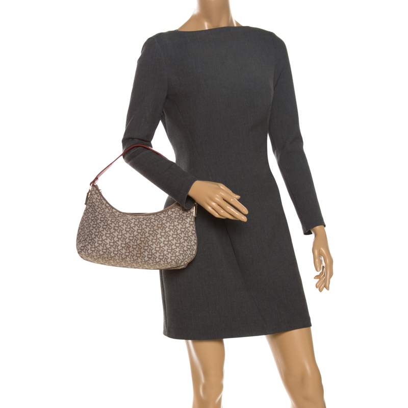 

Dkny Beige/Red Signature Canvas Small Hobo