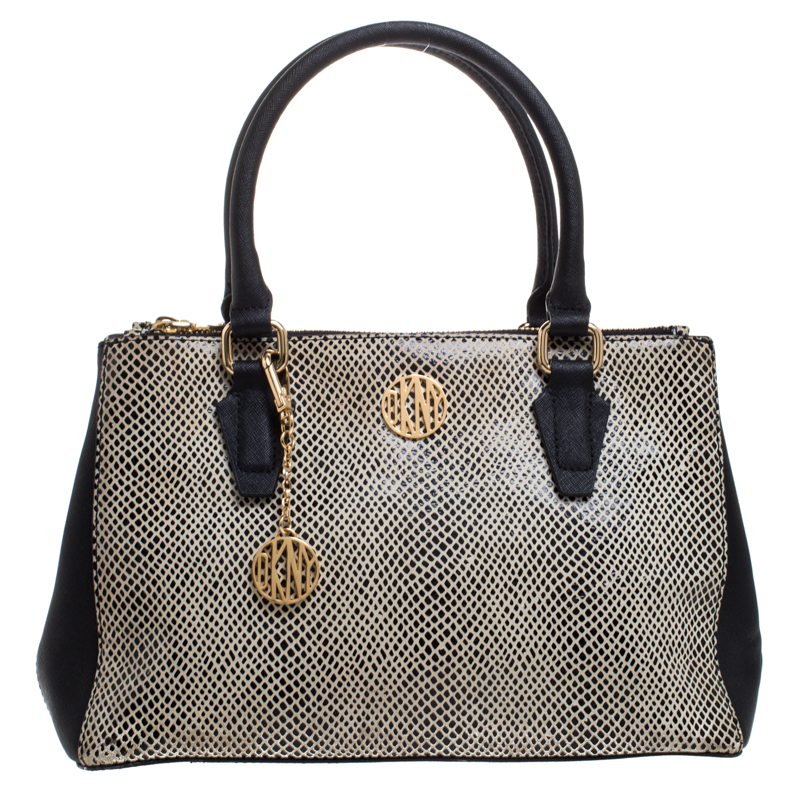 Pre Owned Dkny Black/White Leather Double Zip Tote