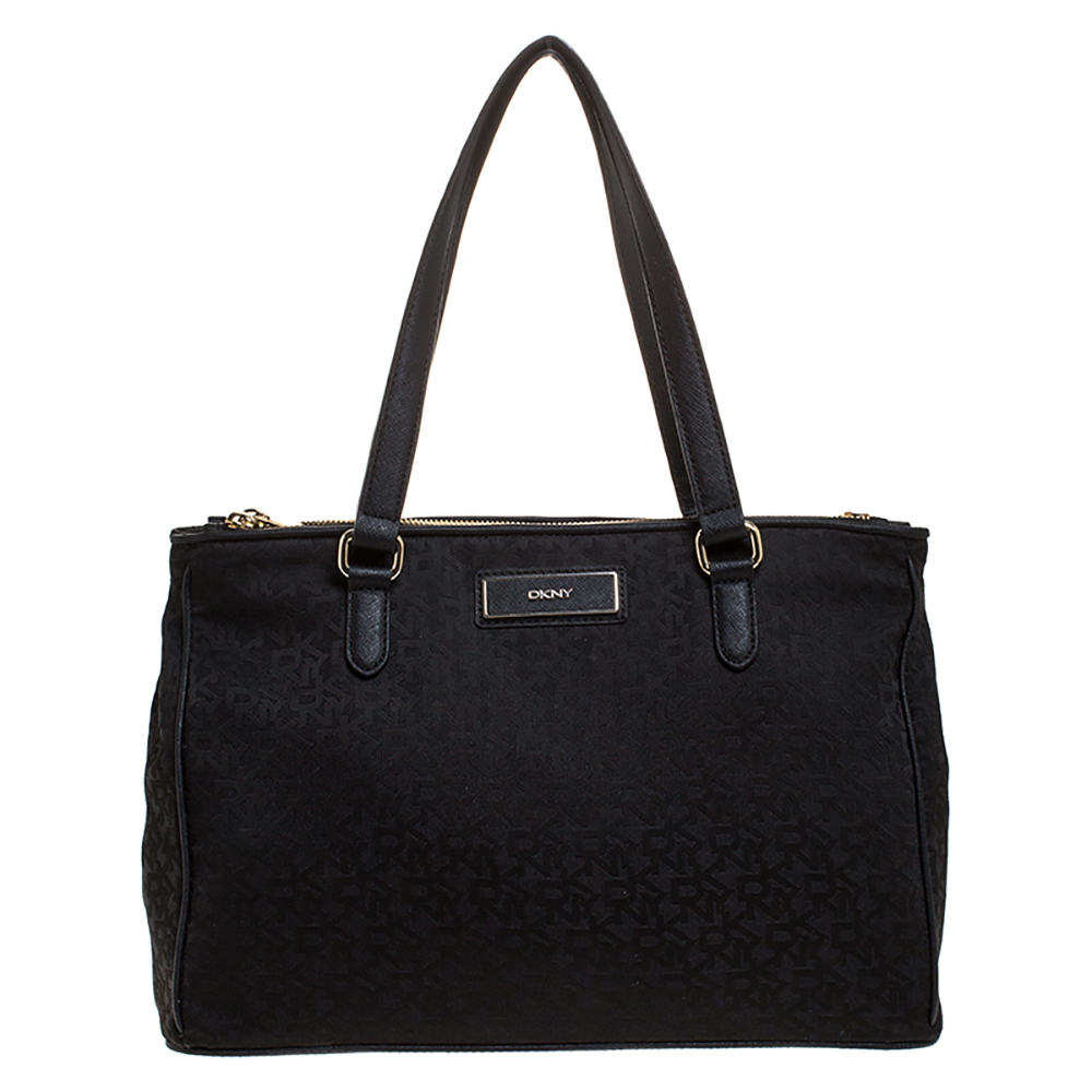 Pre-owned Dkny Black Signature Canvas And Leather Double Zip Tote