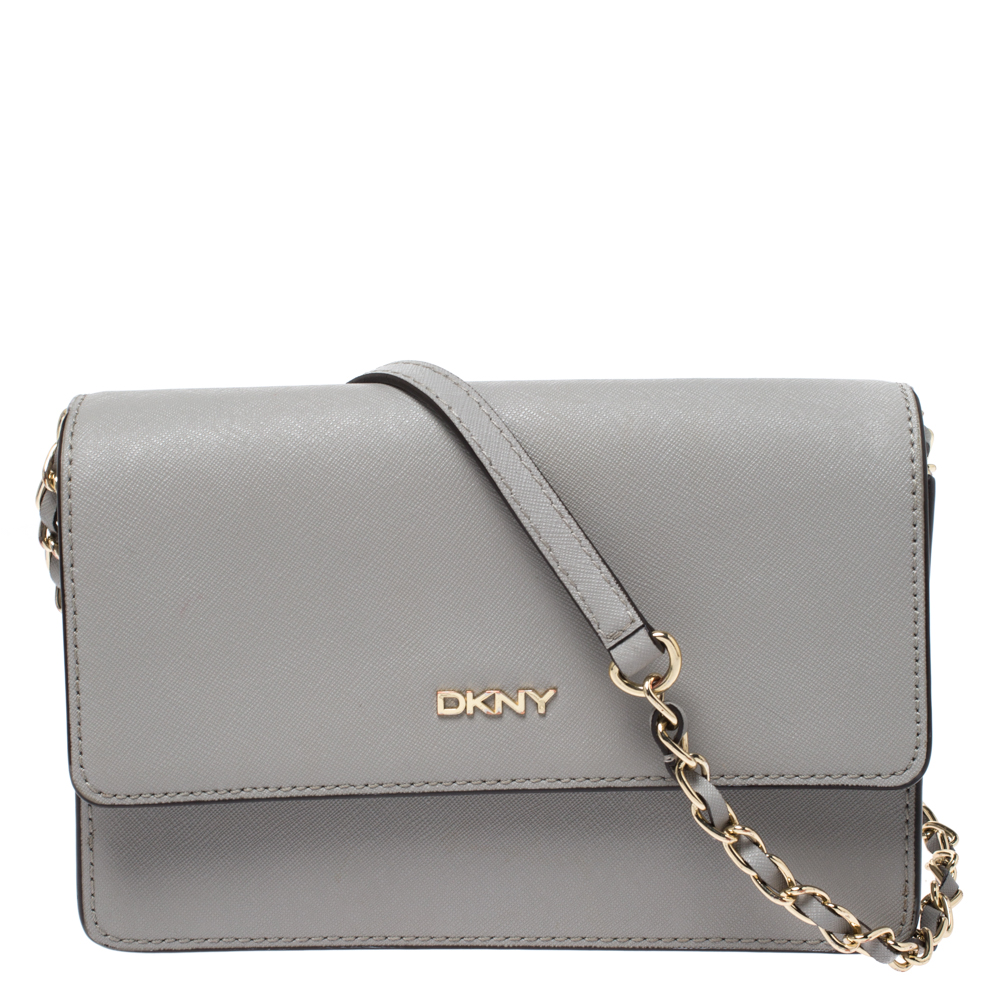 Dkny Grey Leather Flap Shoulder Bag