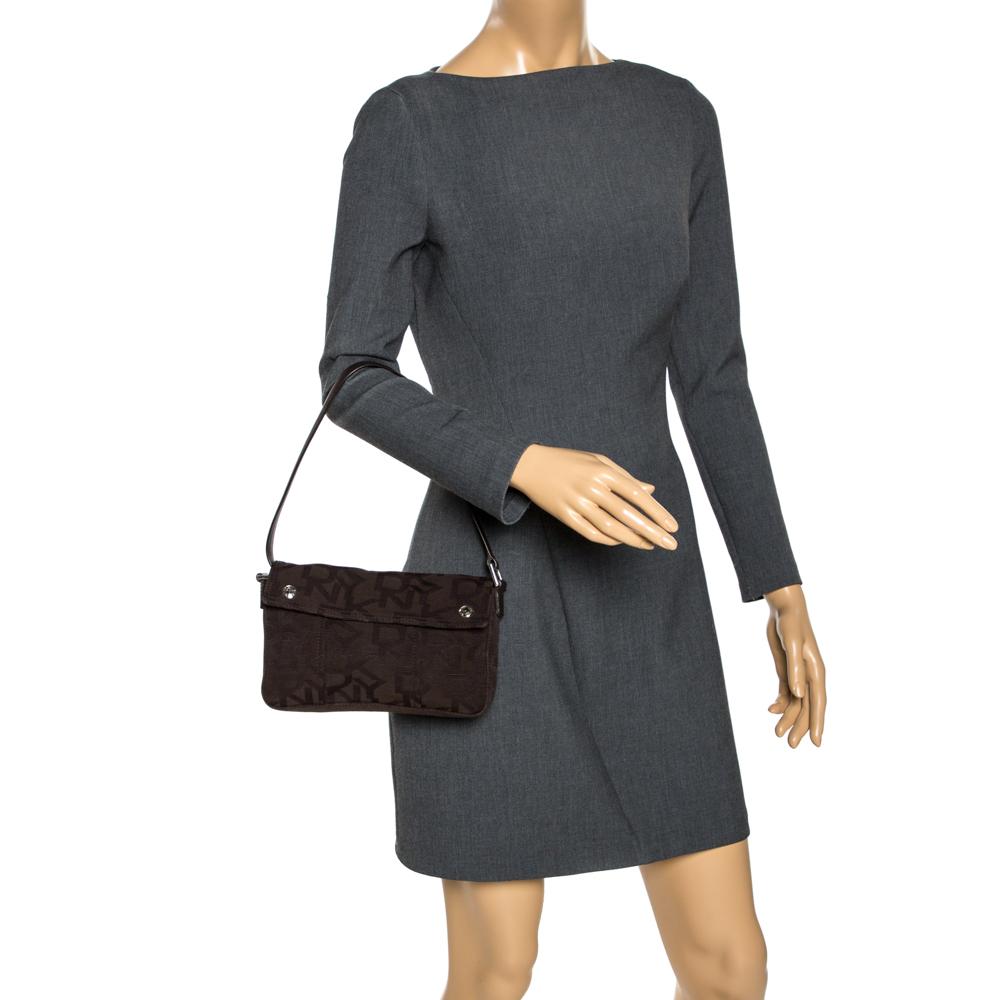 

DKNY Dark Brown Signature Canvas and Leather Shoulder Bag