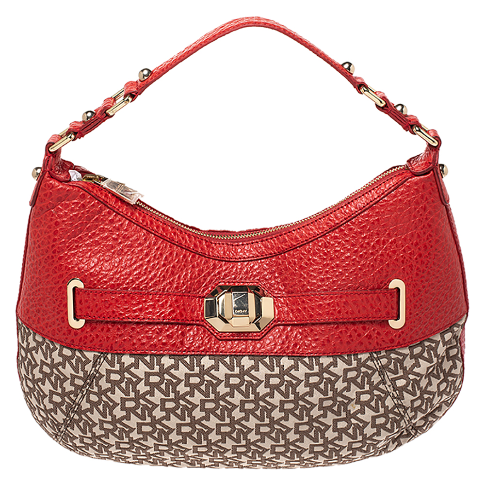 Pre Owned حقيبة دي كي إن واي كانفاس وجلد بيج/برتقالي بالشعار