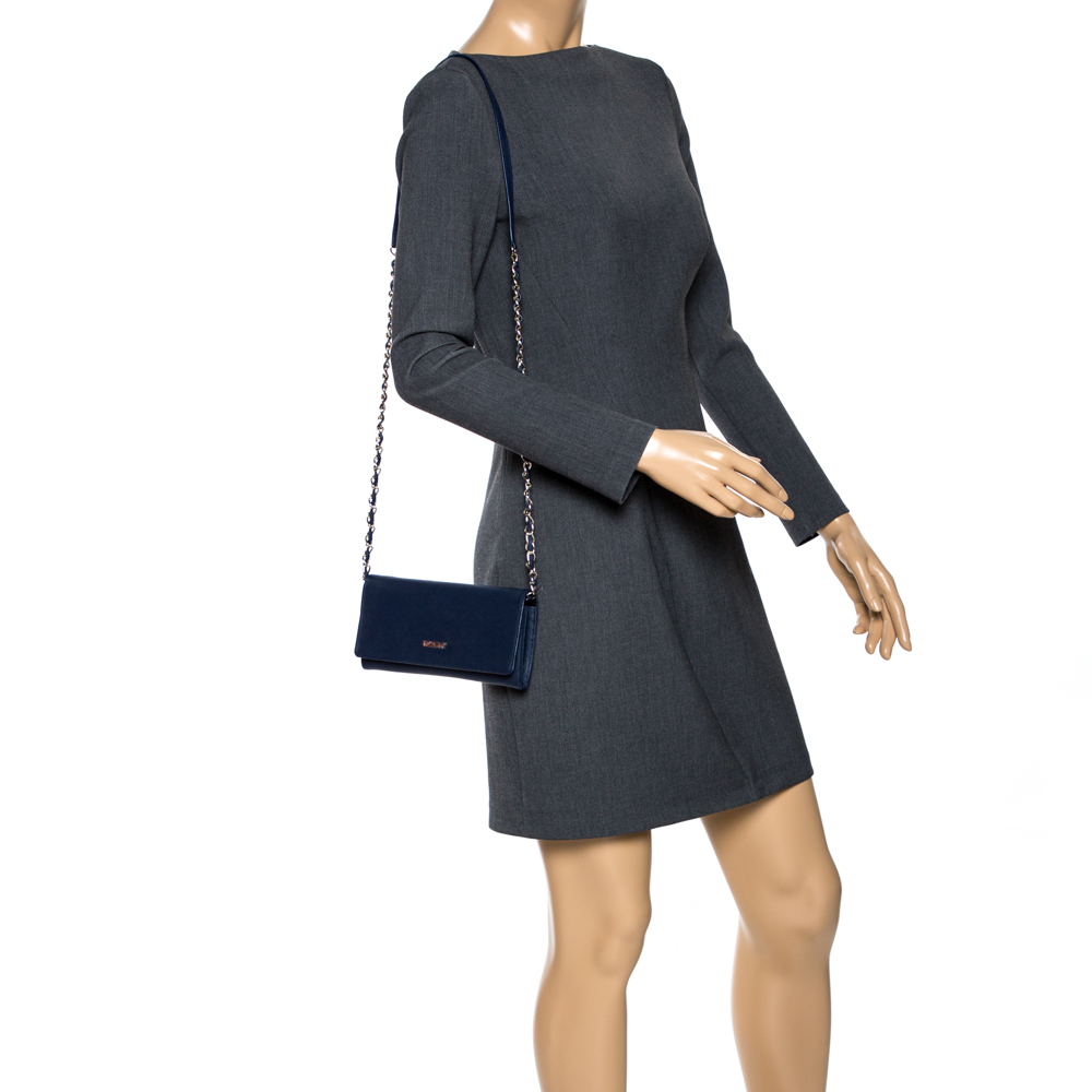 

Dkny Navy Blue Leather Flap Wallet On Chain