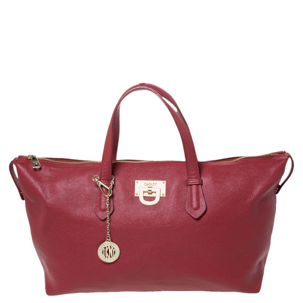 Pre Owned Dkny Red Leather Top Zip Tote