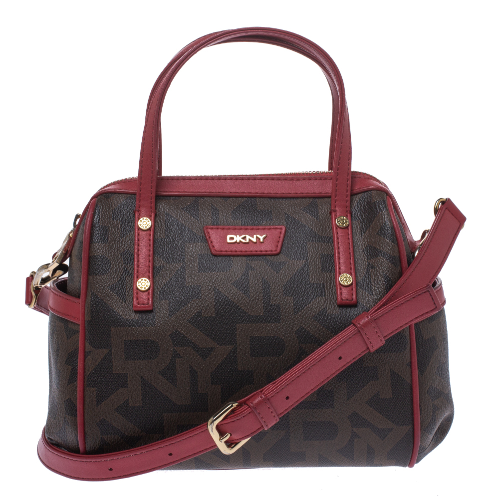Dkny Brown/Red Monogram Coated Canvas and Leather Boston Bag Dkny | The ...