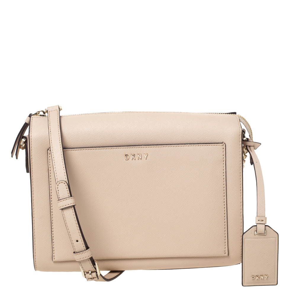 Pre Owned DKNY Beige Leather Front Pocket Shoulder Bag