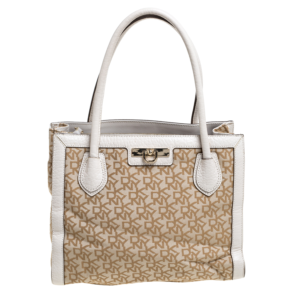 Preowned Dkny Beige Signature Canvas And Leather Zip Tote ModeSens