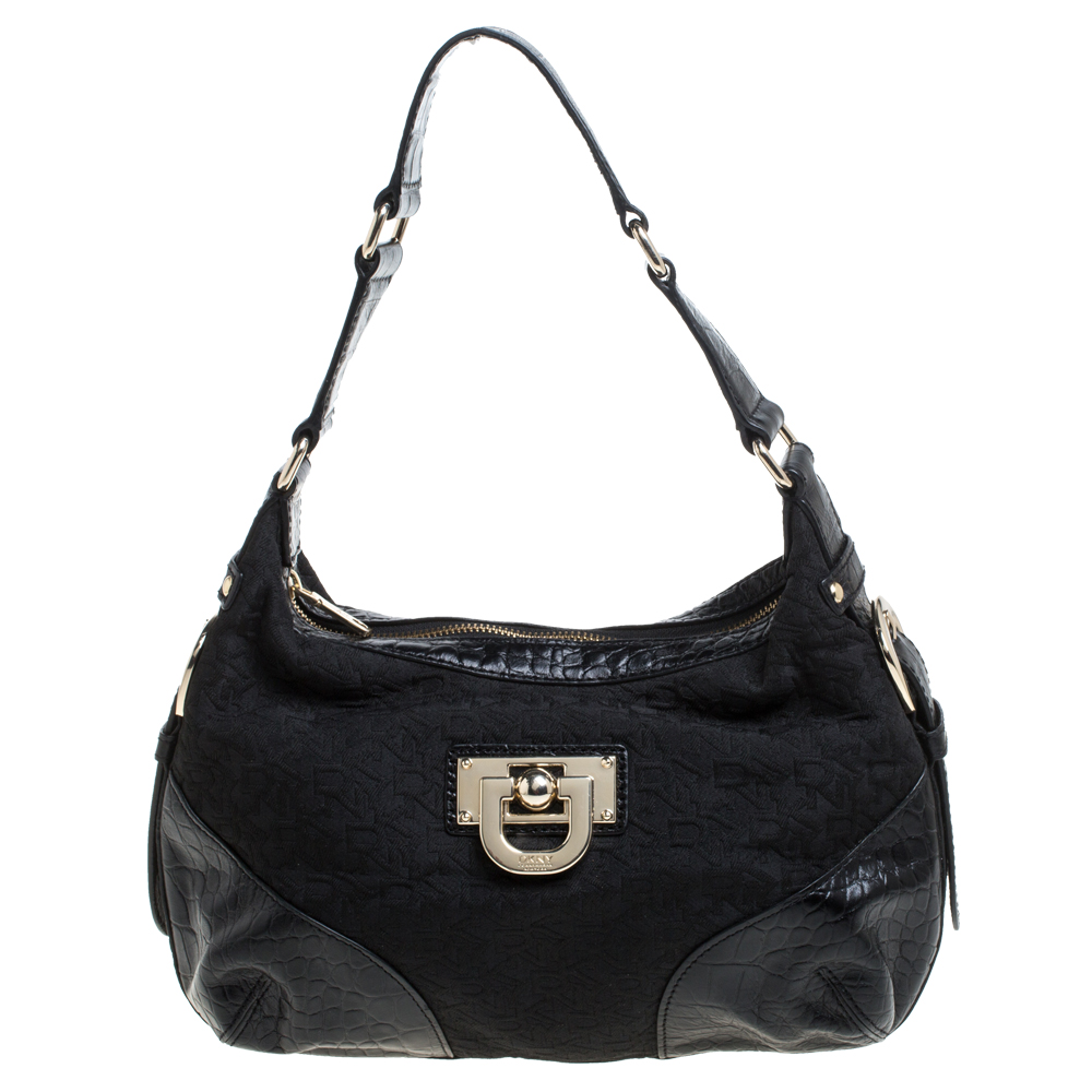 

Dkny Black Signature Canvas and Croc Embossed Leather Buckle Hobo