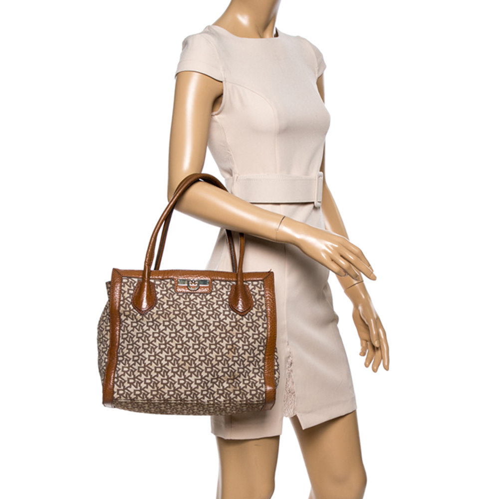 

DKNY Brown Signature Canvas and Leather Zip Tote