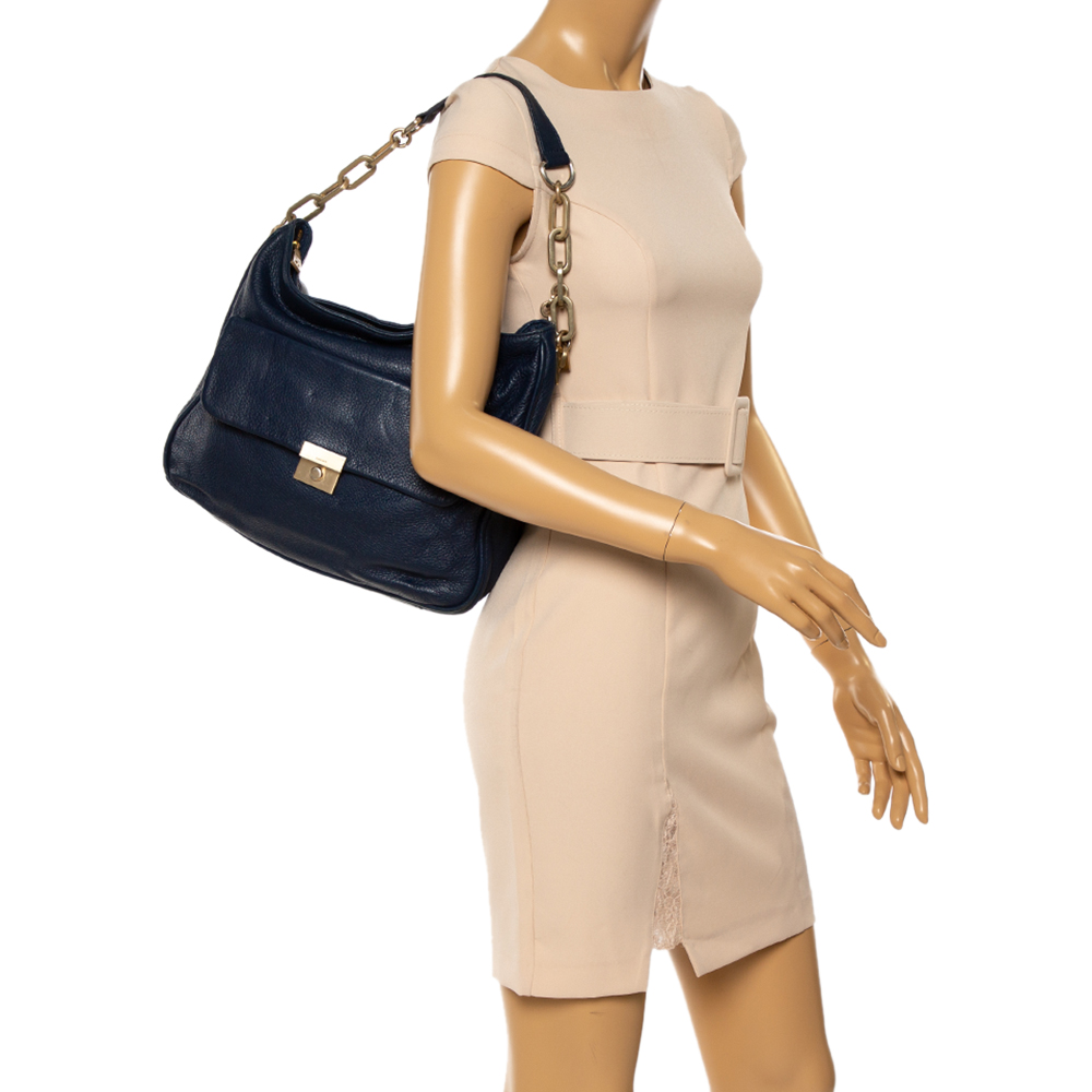 

Dkny Navy Blue Soft Leather Front Pocket Chain Hobo