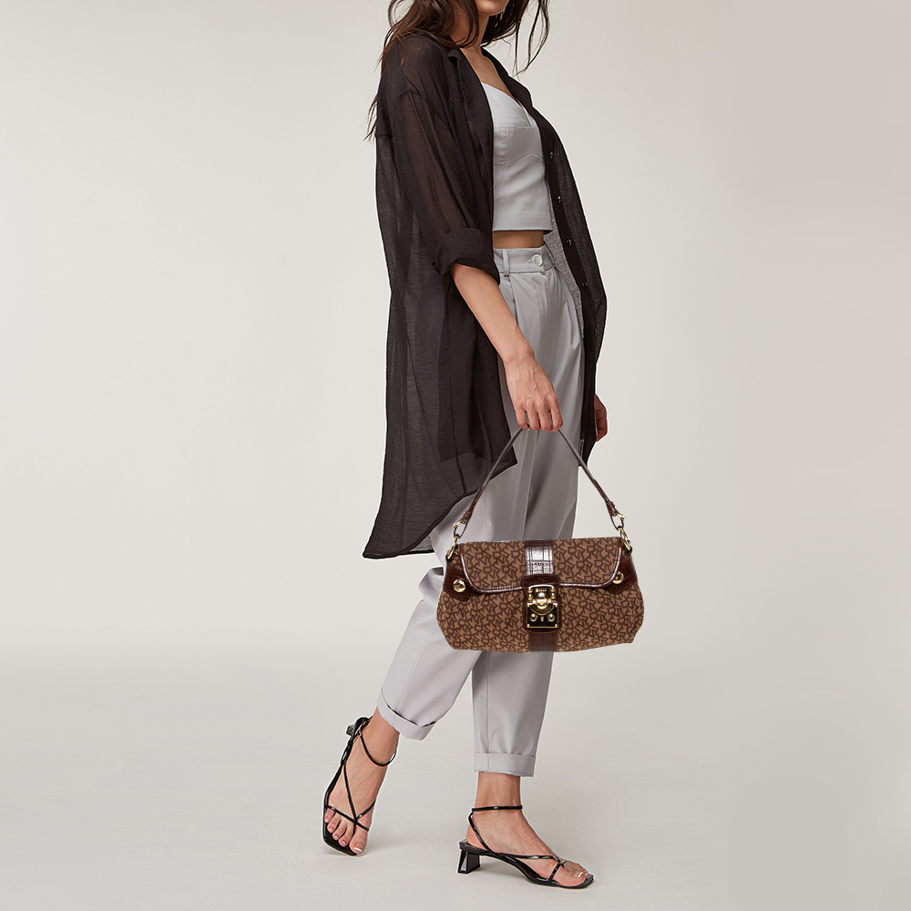 

Dkny Brown Signature Canvas and Croc Embossed Leather Push Lock Flap Hobo